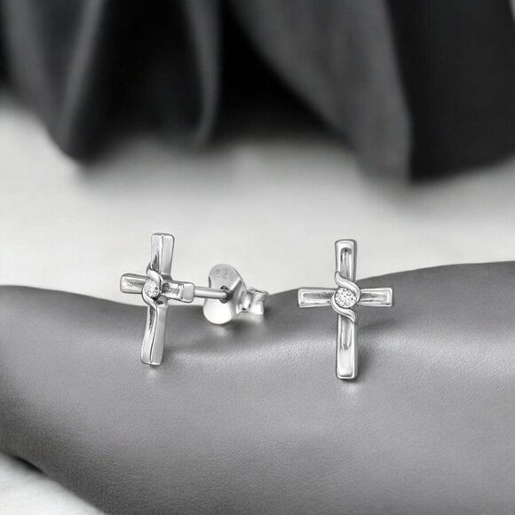 925 Jewelry - Sterling Silver Cross Diamond Stud Earrings 925 Rhodium Plated Minimalist Jewelr